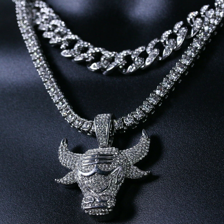 Silver plated Lab Diamond Bulls Pendant & 18" Full Iced Cuban & 20" 1 ROW Tennis Choker Chain Necklace set