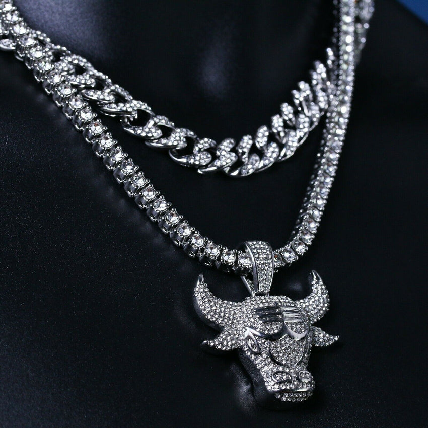 Silver plated Lab Diamond Bulls Pendant & 18" Full Iced Cuban & 20" 1 ROW Tennis Choker Chain Necklace set