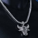 Silver plated Lab Diamond Bulls Pendant & 18" Full Iced Cuban & 20" 1 ROW Tennis Choker Chain Necklace set