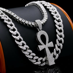 Silver plated Lab Diamond Ankh Cross Pendant & 18