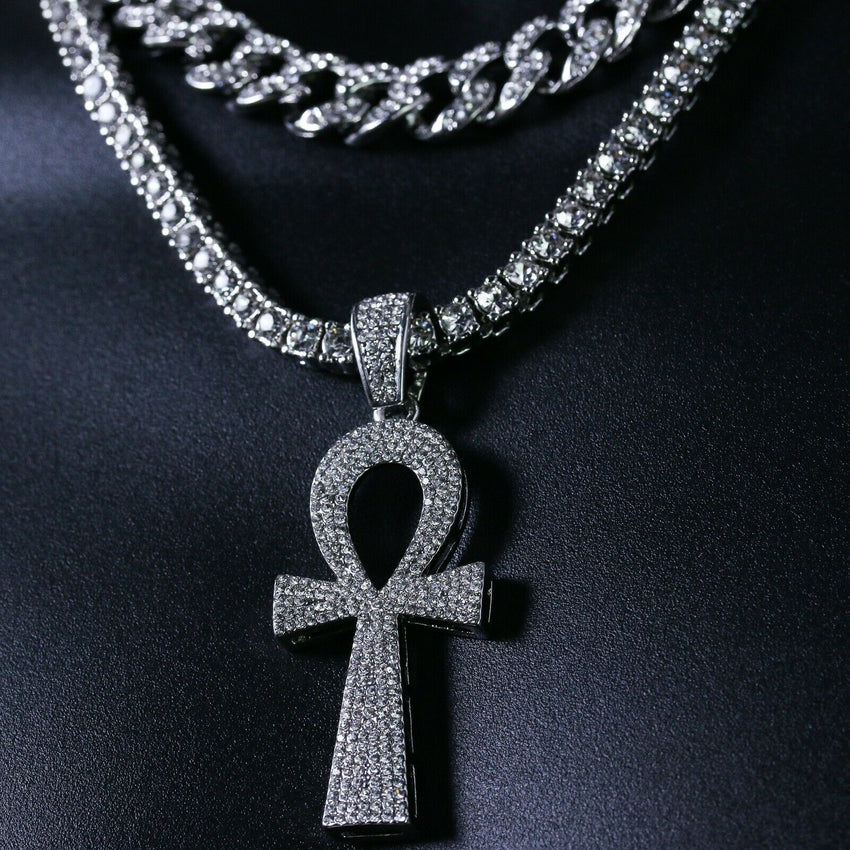 Silver plated Lab Diamond Ankh Cross Pendant & 18" Full Iced Cuban & 20" 1 ROW Tennis Choker Chain Necklace set