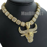 Hip Hop Jewelry Gold Plated Bull Pendant & 16" 18" 20" Iced Baguette Choker Chain Necklace