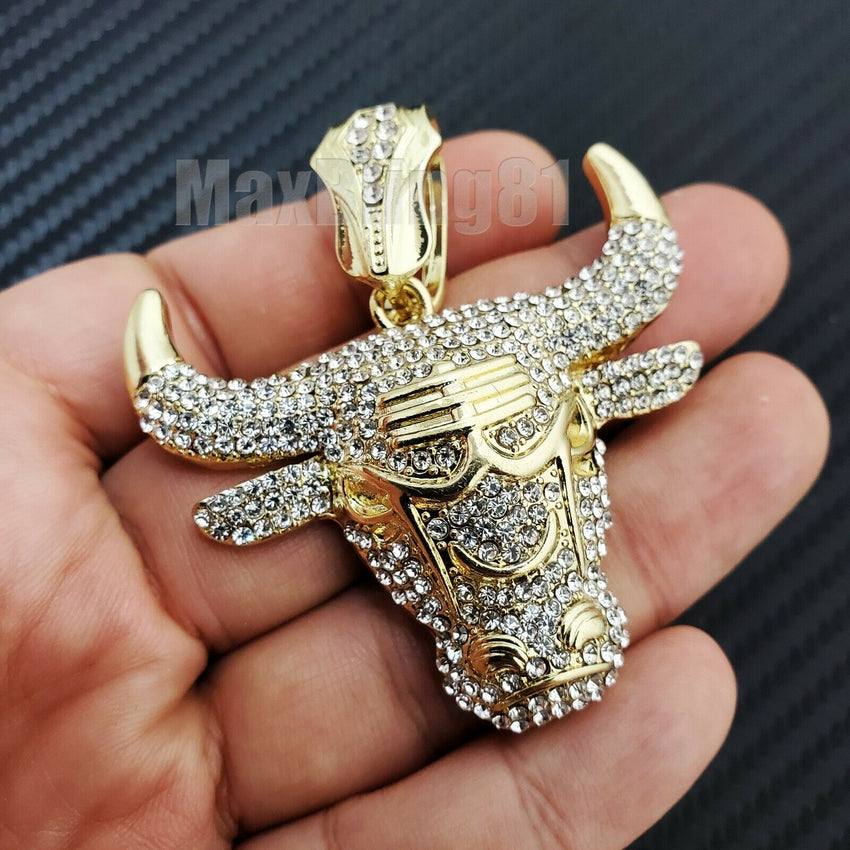 Hip Hop Jewelry Gold Plated Bull Pendant & 16" 18" 20" Iced Baguette Choker Chain Necklace