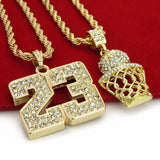 14K Gold Plated Hip Hop Basketball & 23 Pendant w/ 4mm 24" Rope Chain Necklace Set