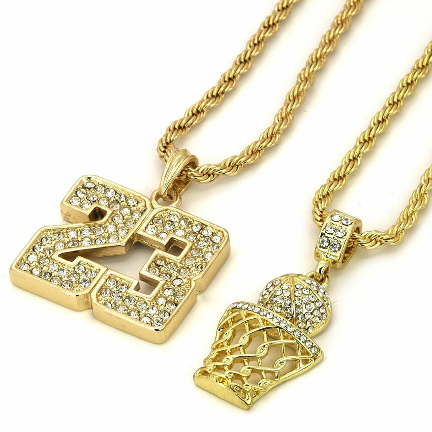 14K Gold Plated Hip Hop Basketball & 23 Pendant w/ 4mm 24" Rope Chain Necklace Set