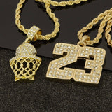 14K Gold Plated Hip Hop Basketball & 23 Pendant w/ 4mm 24" Rope Chain Necklace Set