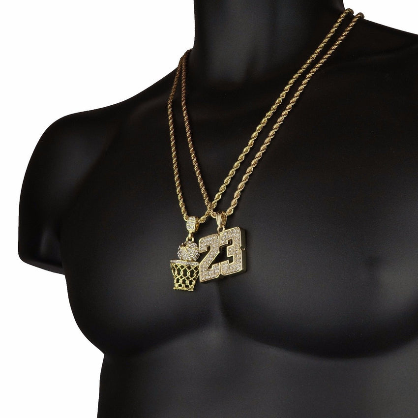 14K Gold Plated Hip Hop Basketball & 23 Pendant w/ 4mm 24" Rope Chain Necklace Set