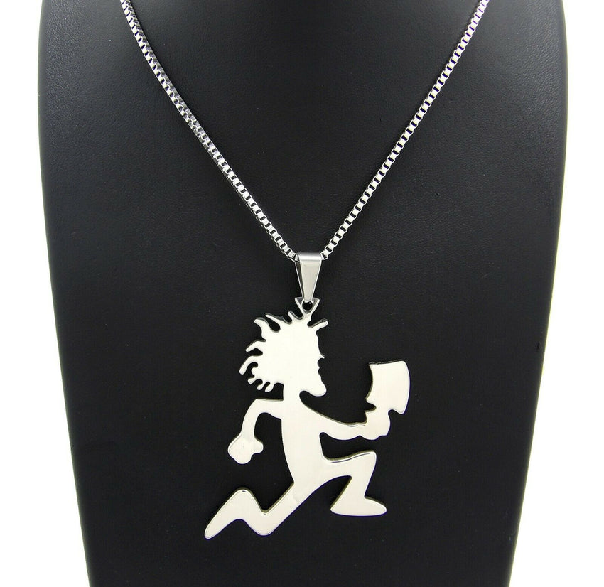 WHITE GOLD PT HIP HOP HATCHET MAN RUNNER & 2mm 24" BOX CHAIN NECKLACE