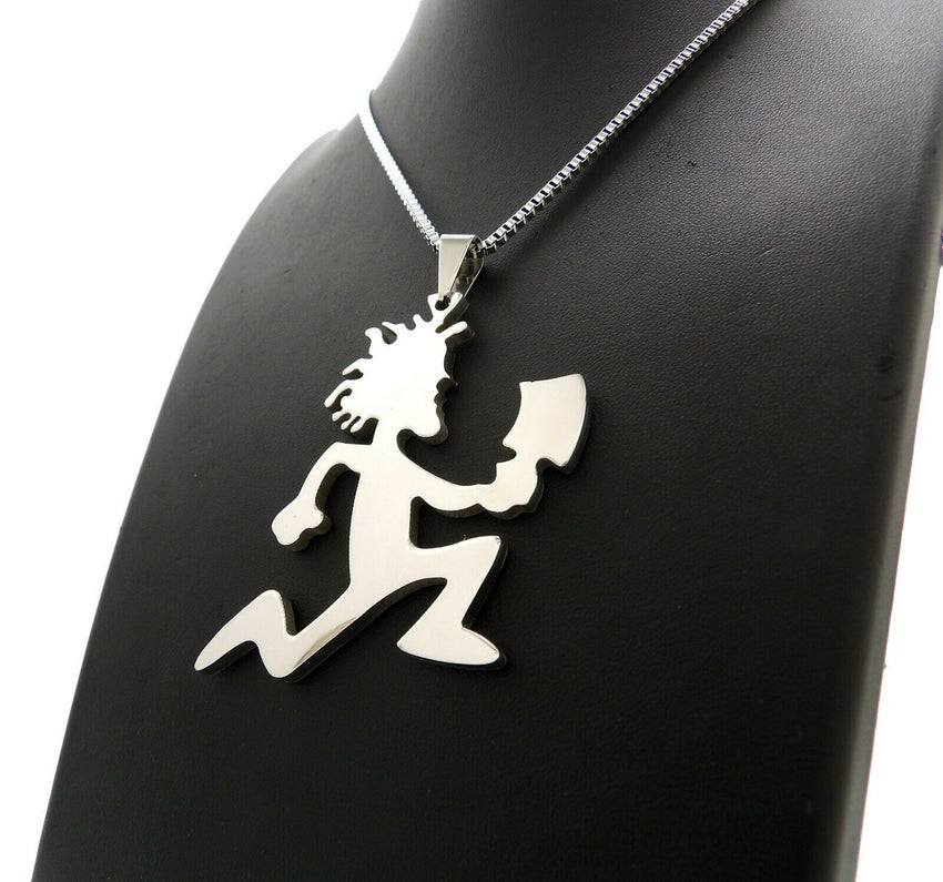 WHITE GOLD PT HIP HOP HATCHET MAN RUNNER & 2mm 24" BOX CHAIN NECKLACE