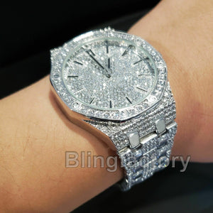 Men's Luxury Designer Style Bling White Gold PT Simulated Diamond Metal Watch
