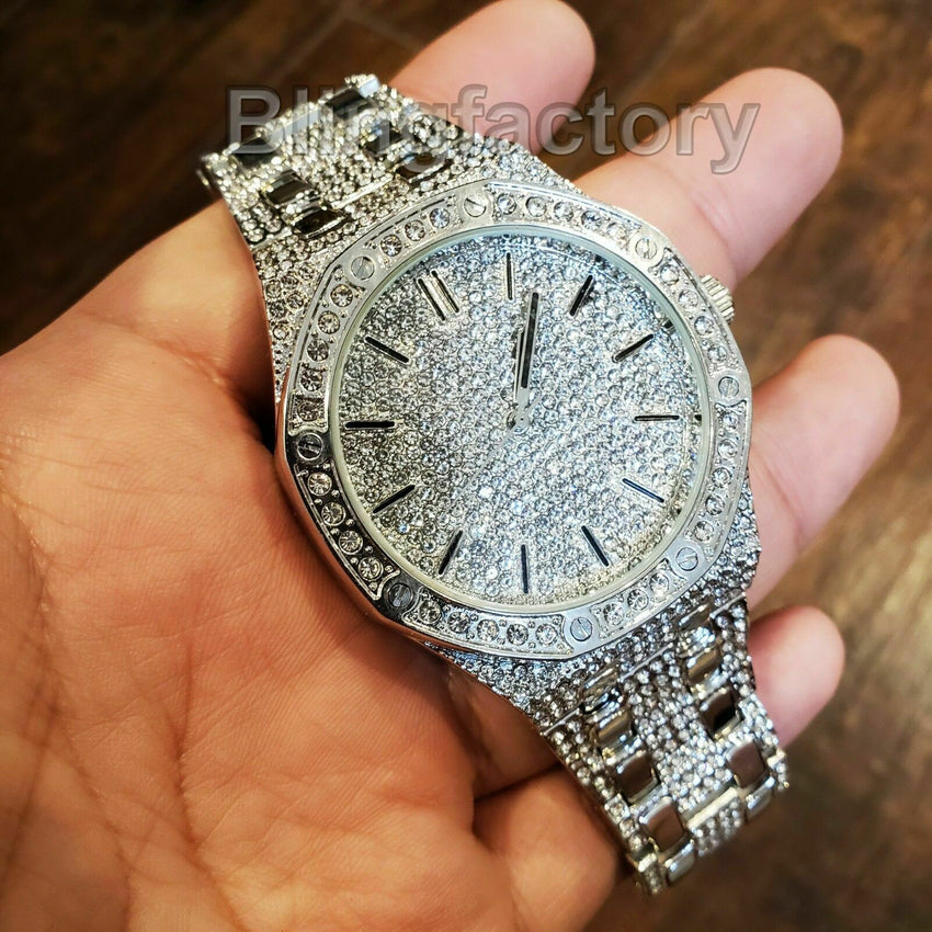 Men's Luxury Designer Style Bling White Gold PT Simulated Diamond Metal Watch