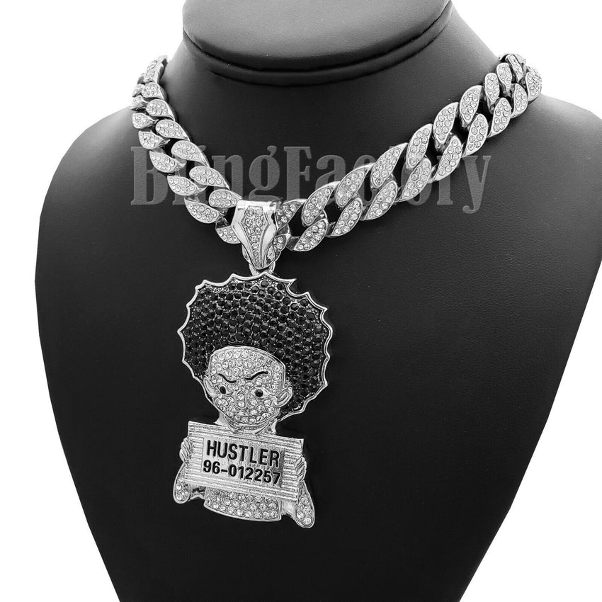 Hip Hop Iced Silver PT Large HUEY HUSTLER & 18" Full Iced Cuban Choker Chain Necklace