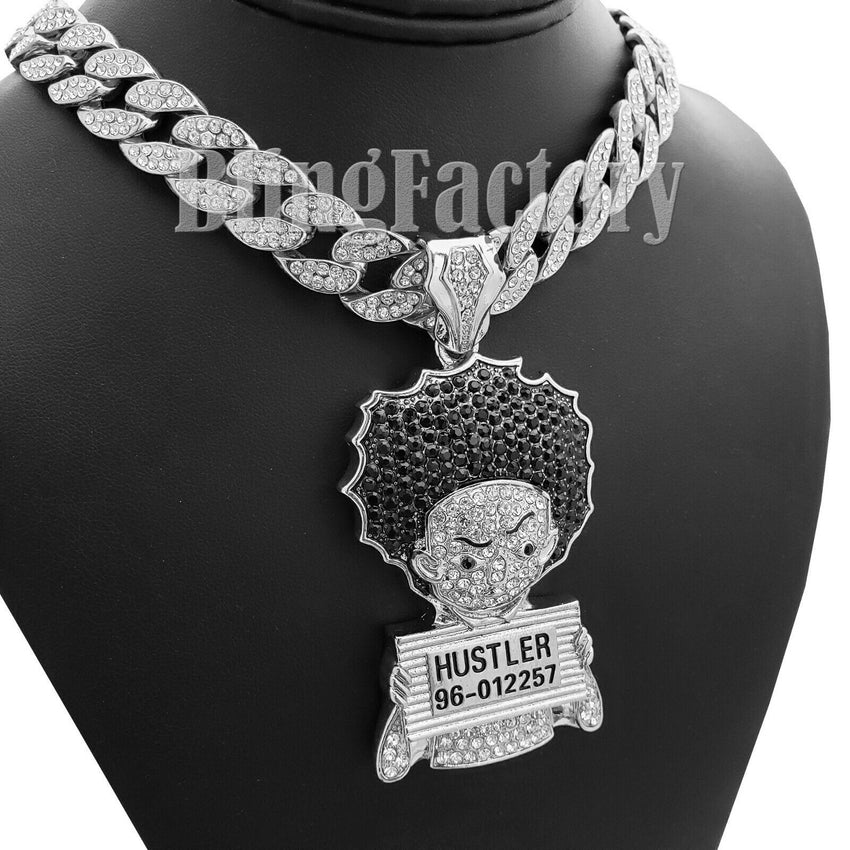 Hip Hop Iced Silver PT Large HUEY HUSTLER & 18" Full Iced Cuban Choker Chain Necklace