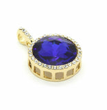 14K Gold Plated Hip Hop Blue Round Ruby Pendant & 3mm 24" Cuban Chain Necklace