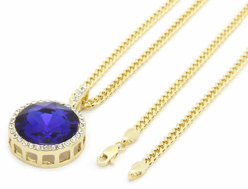14K Gold Plated Hip Hop Blue Round Ruby Pendant & 3mm 24" Cuban Chain Necklace