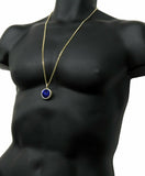 14K Gold Plated Hip Hop Blue Round Ruby Pendant & 3mm 24" Cuban Chain Necklace