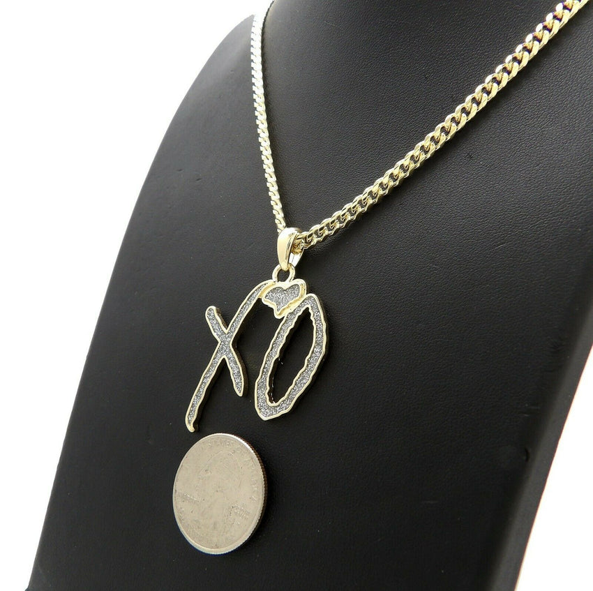 Hip Hop Glittered XO Gang Gold plated Pendant & 3mm 18" 20" 24" Stainless Steel Cuban Chain Necklace
