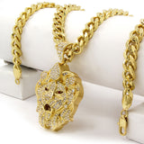 HIP HOP ICED LAB DIAMOND GOLD PT BLING LARGE LION HEAD PENDANT & 30" CUBAN CHAIN NECKLACE