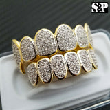 Hip Hop Brass Gold Plated High Quality Pave Teeth Feng Grillz Top & Bottom Set