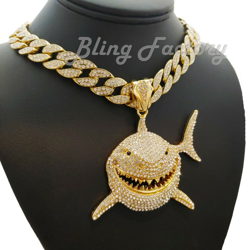 Hip Hop 6ix9ine Iced Shark Pendant & 16" 18" 20" 24" 30" Iced Cuban Choker Chain Bling Necklace