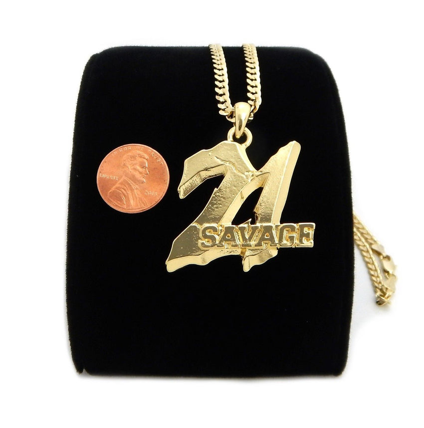 Gold Plated 21 Savage Piece Pendant & 4mm 24" Concave Cuban Link Chain Necklace
