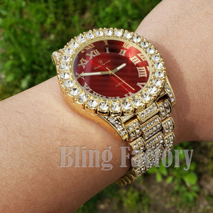 Men's Hip Hop Iced out Red Dial Gold PT Migos Bling BIG Simulated Diamond Watch