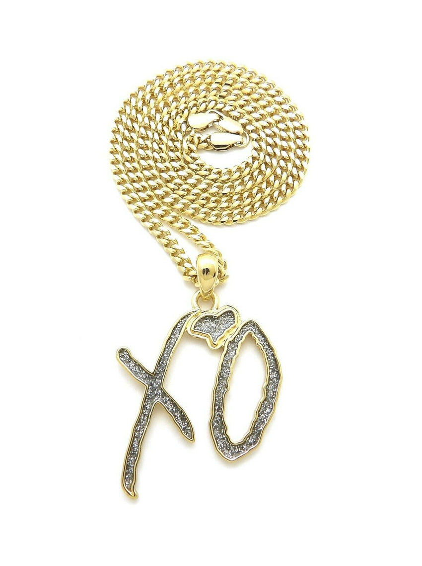 Hip Hop Glittered XO Gang Gold plated Pendant & 3mm 18" 20" 24" Stainless Steel Cuban Chain Necklace
