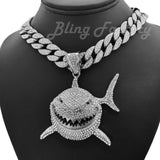 Hip Hop 6ix9ine Silver Plated Shark Pendant & 16mm 16" 18" 20" 24" 30" Iced Cuban Choker Chain Bling Necklace