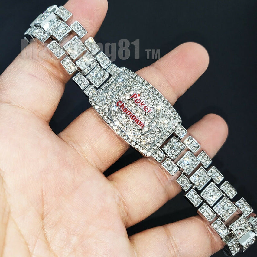 POKER CHAMPION BRACELET GOLD SILVER PLATED ALLOY CUBIC ZIRCONIA ICY ICED HIP HOP