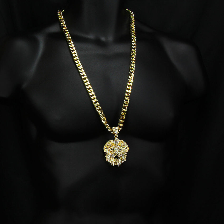 HIP HOP ICED LAB DIAMOND GOLD PT BLING LARGE LION HEAD PENDANT & 30" CUBAN CHAIN NECKLACE