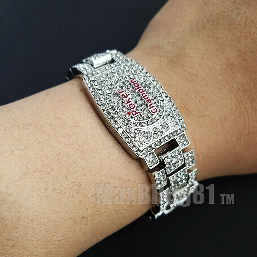 POKER CHAMPION BRACELET GOLD SILVER PLATED ALLOY CUBIC ZIRCONIA ICY ICED HIP HOP