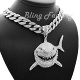 Hip Hop 6ix9ine Silver Plated Shark Pendant & 16mm 16" 18" 20" 24" 30" Iced Cuban Choker Chain Bling Necklace