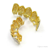 Hip Hop Brass Gold Plated High Quality Pave Teeth Feng Grillz Top & Bottom Set