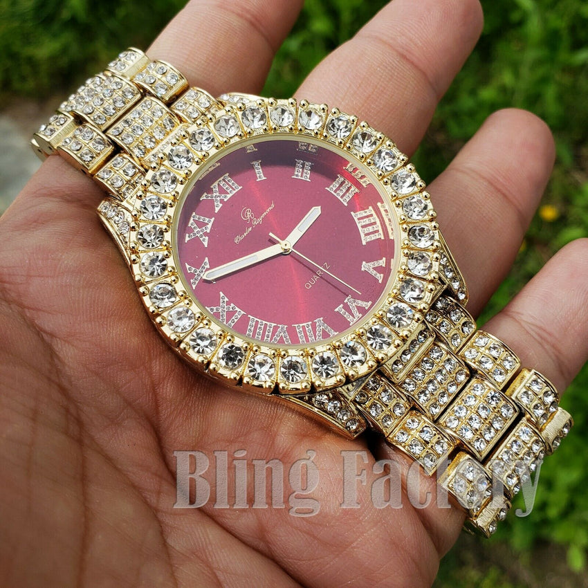Men's Hip Hop Iced out Red Dial Gold PT Migos Bling BIG Simulated Diamond Watch