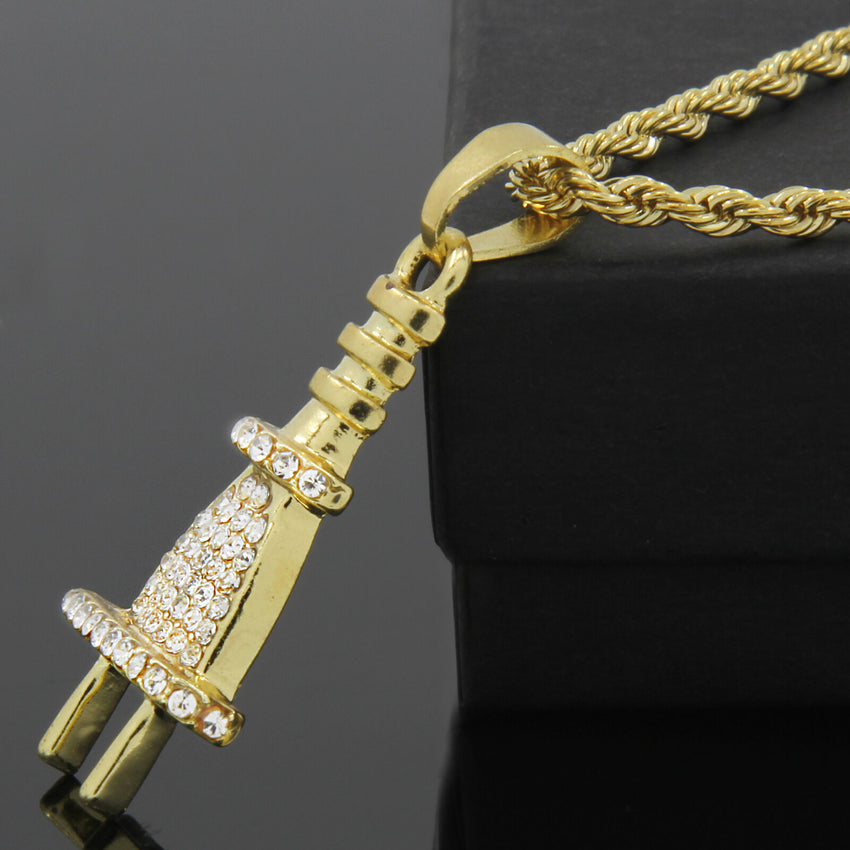 HIP HOP ICED LAB DIAMOND GOLD PT BLING POWER PLUG PENDANT & 4mm 24" ROPE CHAIN NECKLACE