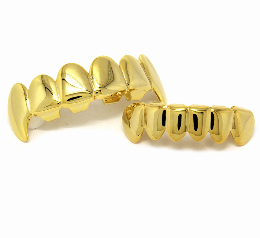 14K Gold Plated Hip Hop Teeth Grillz Caps Top & Bottom Grill Fang Set