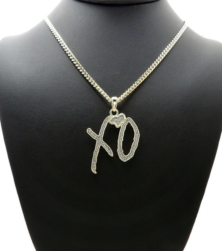 Hip Hop Glittered XO Gang Gold plated Pendant & 3mm 18" 20" 24" Stainless Steel Cuban Chain Necklace