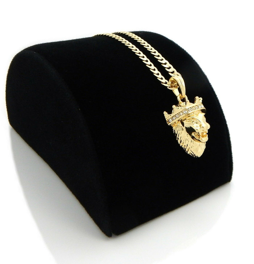 Gold Plated Crowned King Lion Pendant & 4mm 24" Concave Cuban Link Chain Necklace