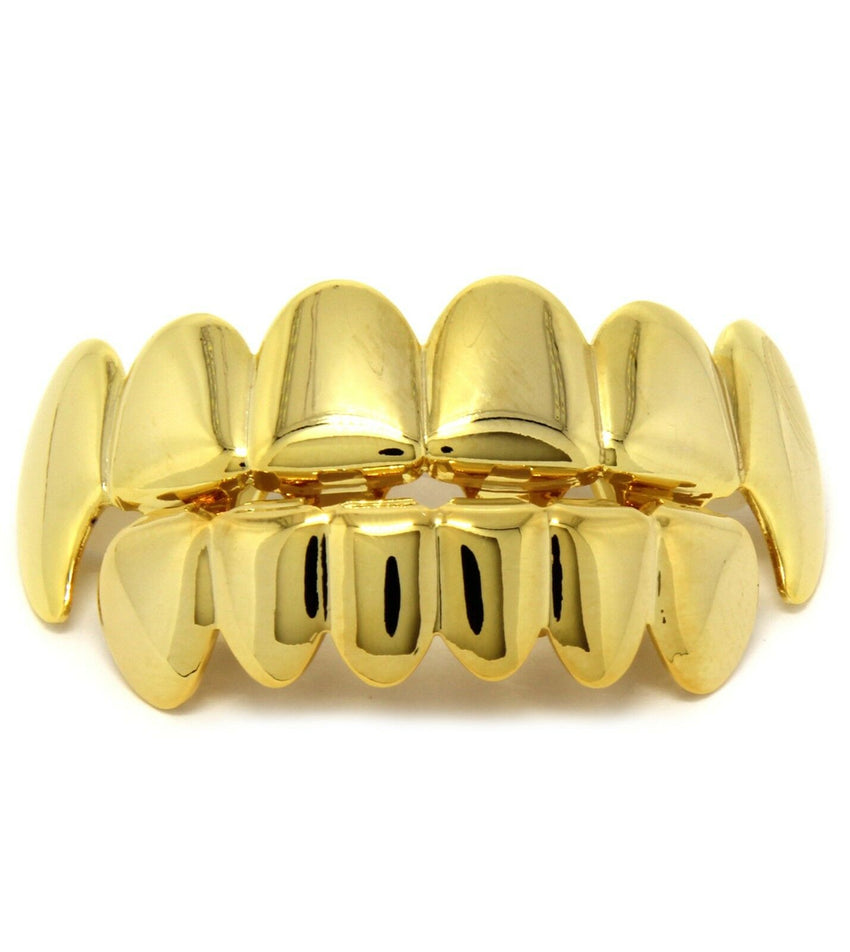 14K Gold Plated Hip Hop Teeth Grillz Caps Top & Bottom Grill Fang Set