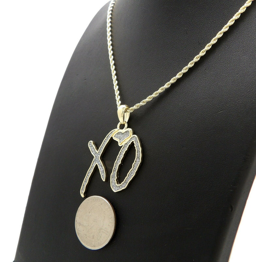Hip Hop Glittered XO Gang Gold plated Pendant & 3mm 18" 20" 24" Stainless Steel Rope Chain Necklace
