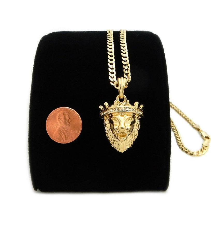 Gold Plated Crowned King Lion Pendant & 4mm 24" Concave Cuban Link Chain Necklace