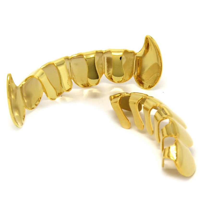 14K Gold Plated Hip Hop Teeth Grillz Caps Top & Bottom Grill Fang Set