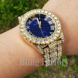 Men's Hip Hop Iced out Blue Dial Gold PT Migos Bling BIG Simulated Diamond Watch