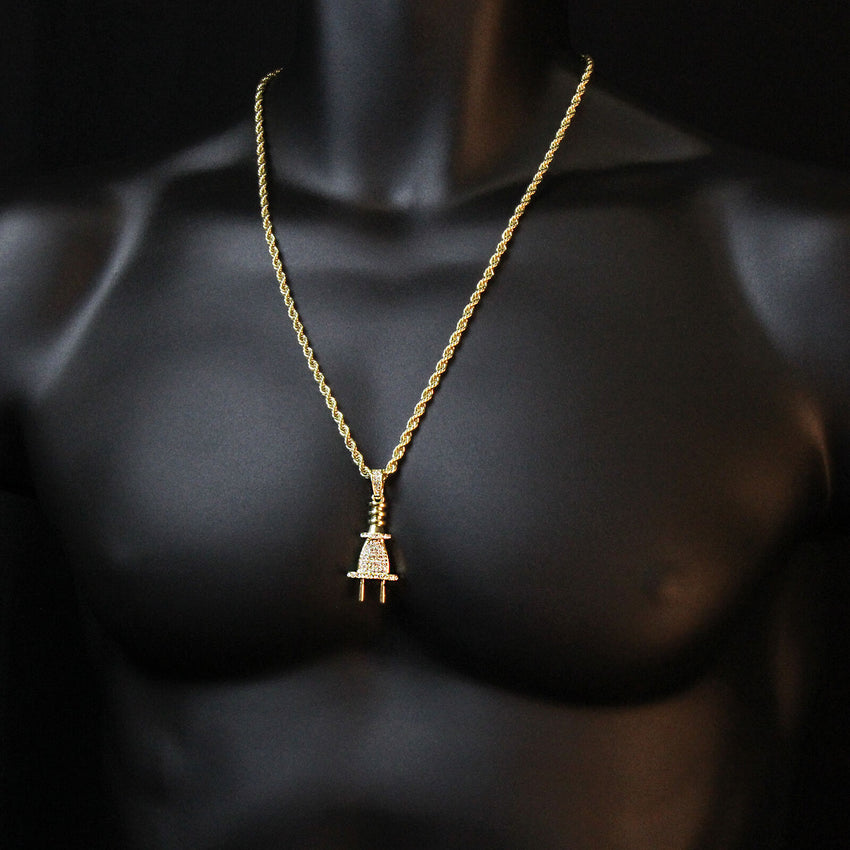 HIP HOP ICED LAB DIAMOND GOLD PT BLING POWER PLUG PENDANT & 4mm 24" ROPE CHAIN NECKLACE