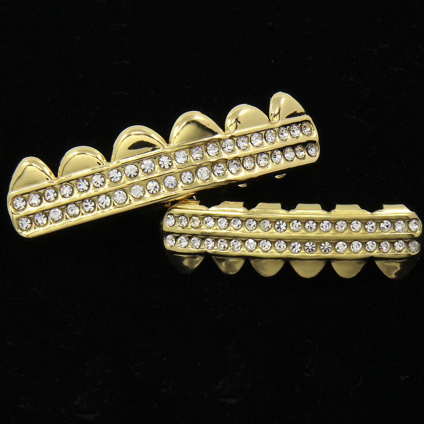 14K Gold 2 Row GRILLZ CZ Top & Bottom Set Teeth Hip Hop Bling Grill