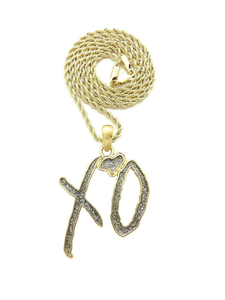 Hip Hop Glittered XO Gang Gold plated Pendant & 3mm 18" 20" 24" Stainless Steel Rope Chain Necklace