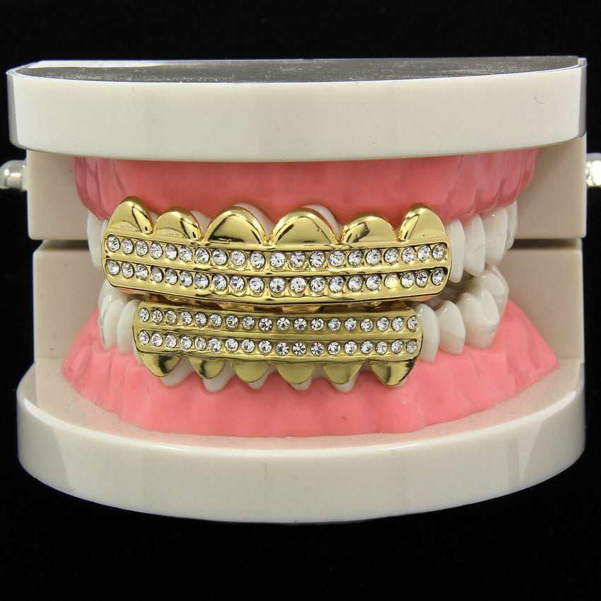 14K Gold 2 Row GRILLZ CZ Top & Bottom Set Teeth Hip Hop Bling Grill