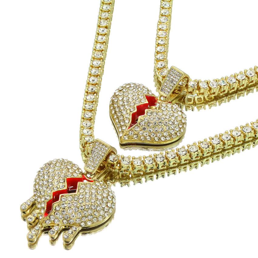 Gold PT Hip Hop Broken Heart Pendant & 1 Row Lab Diamond 18" & 24" Tennis Chain Necklace Set