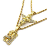 14K Gold Plated Hip Hop Jesus & Angel Pendant w/ 2mm 24" & 30" Rope Chain Necklace Set