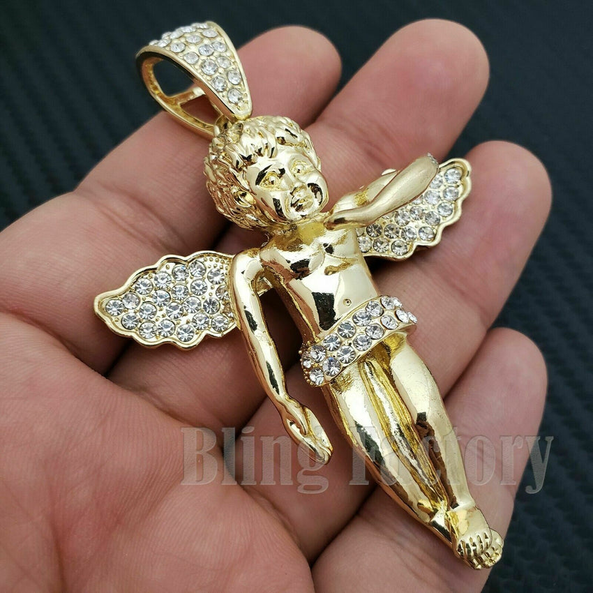 Hip Hop Gold Plated Baby Angel Pendant & 10mm 18" 20" 24" Iced Baguette Chain Bling Necklace